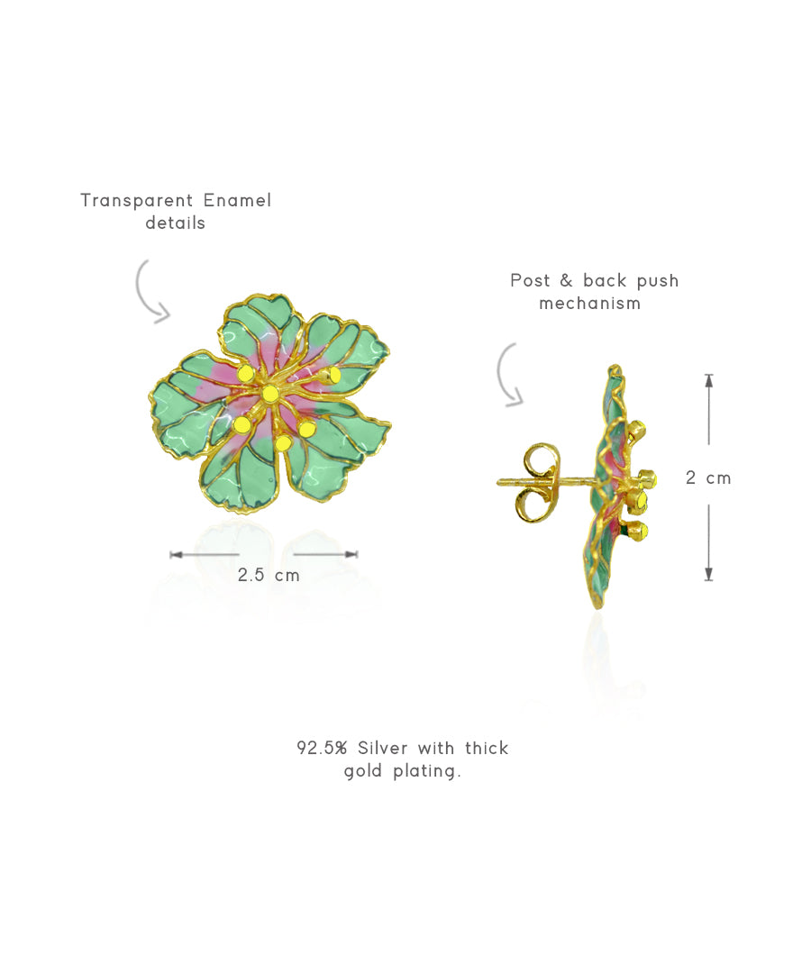 Green Bloom Stud Earrings - Flower Delicate Statement Jewellery - in Gold Finish