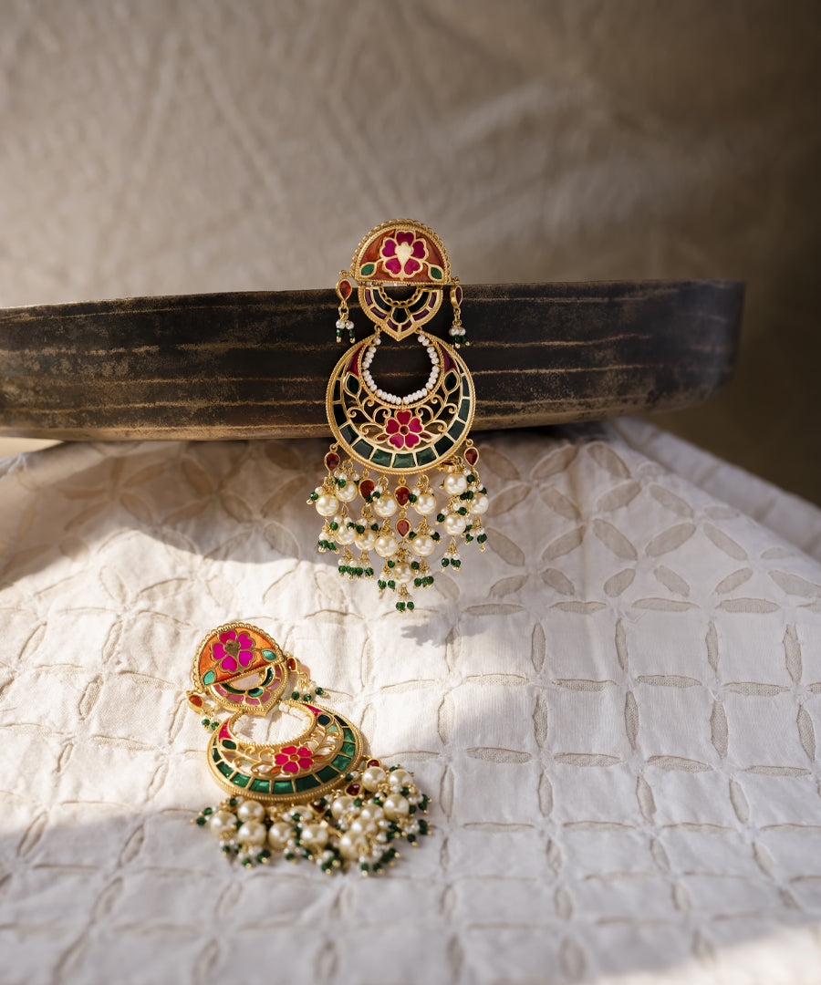 Multi Feroza Phulkari Chandbali Earrings