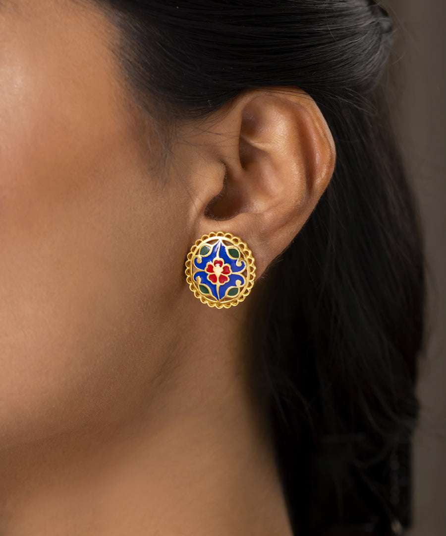 Feroza Stud Earrings with Rajwada Kurta Buttons - Gift Box For Him and Her - Sterling Silver