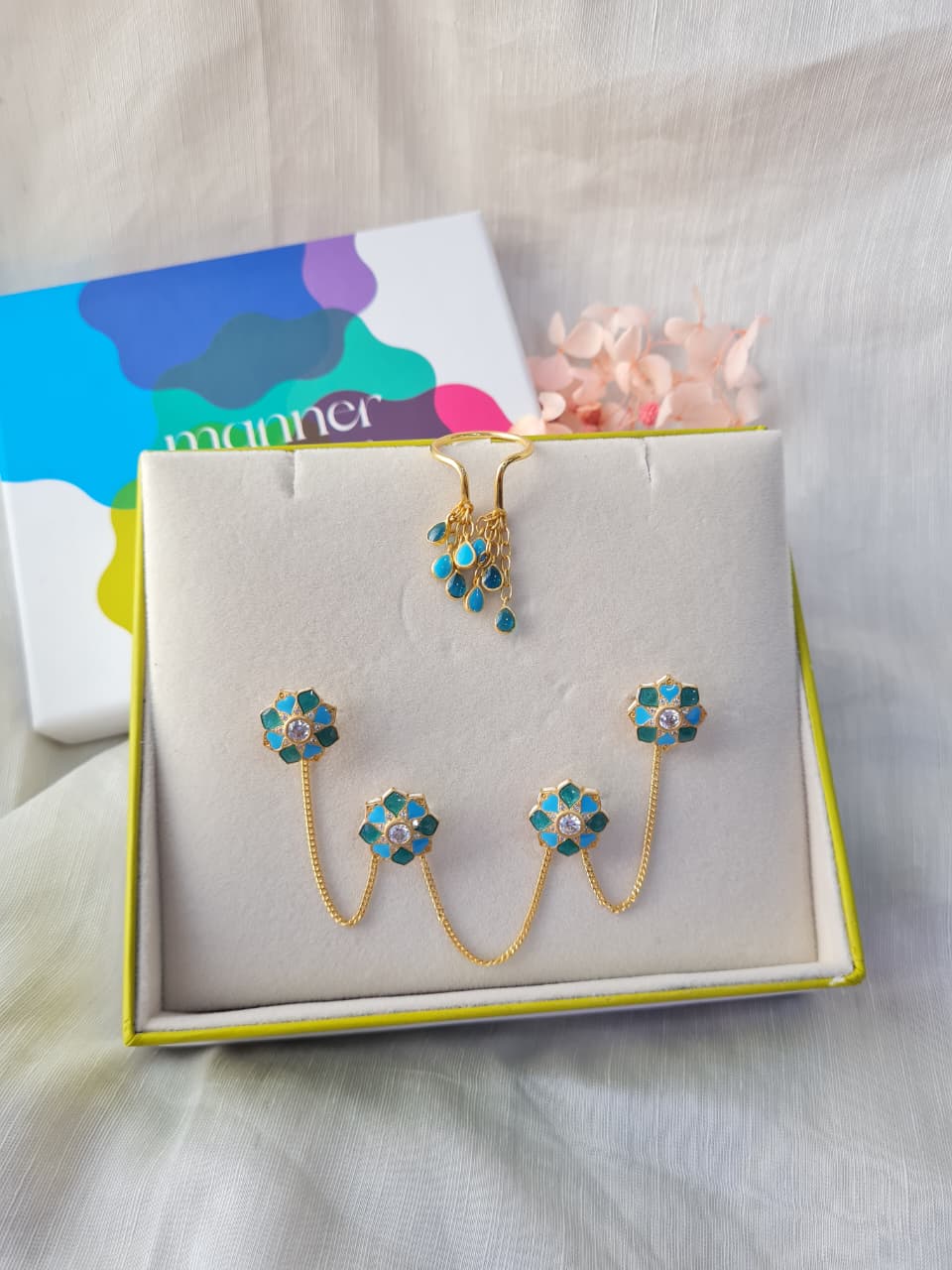 Feroza Bani Drop Ring with Feroza Rajwada Kurta Buttons - Gift Box For Him and Her - Sterling Silver