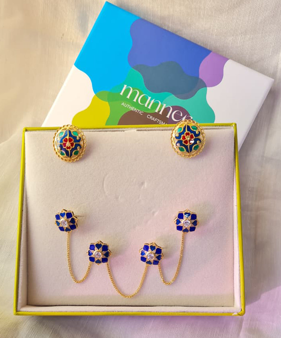 Feroza Stud Earrings with Rajwada Kurta Buttons - Gift Box For Him and Her - Sterling Silver