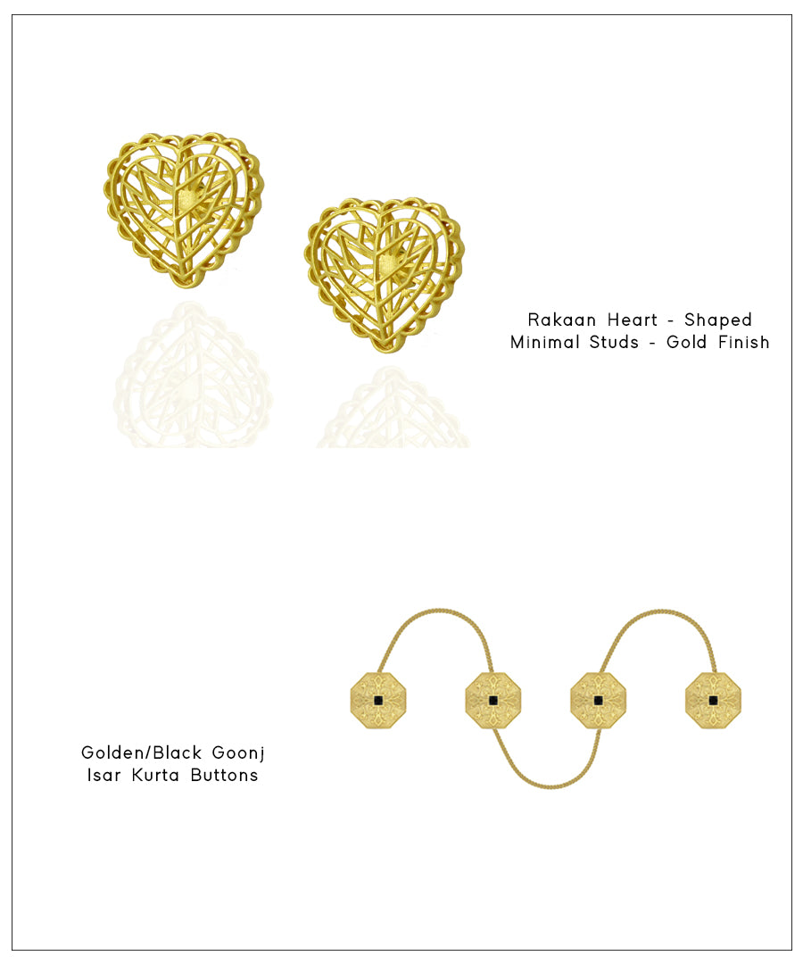 Rakaan Gold Plated Heart Stud Earrings with Goonj Kurta Buttons - Gift Box For Him and Her - Sterling Silver
