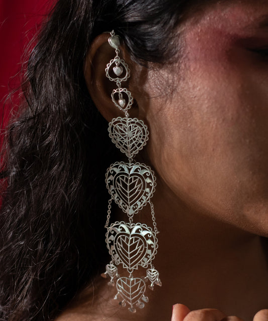 Rakaan Oversized Heart Earrings – Boho Statement Jewelry - Light Weight with Ear Chain - Silver Finish