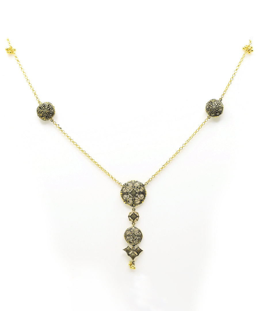 Long necklace designs for women, handmade necklace with gold plating in oxidised finish.