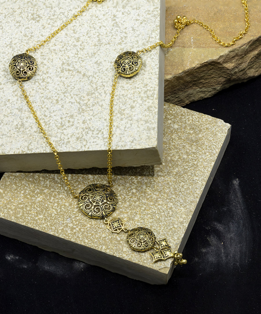 Gold oxidised and gold plated designer long necklace.