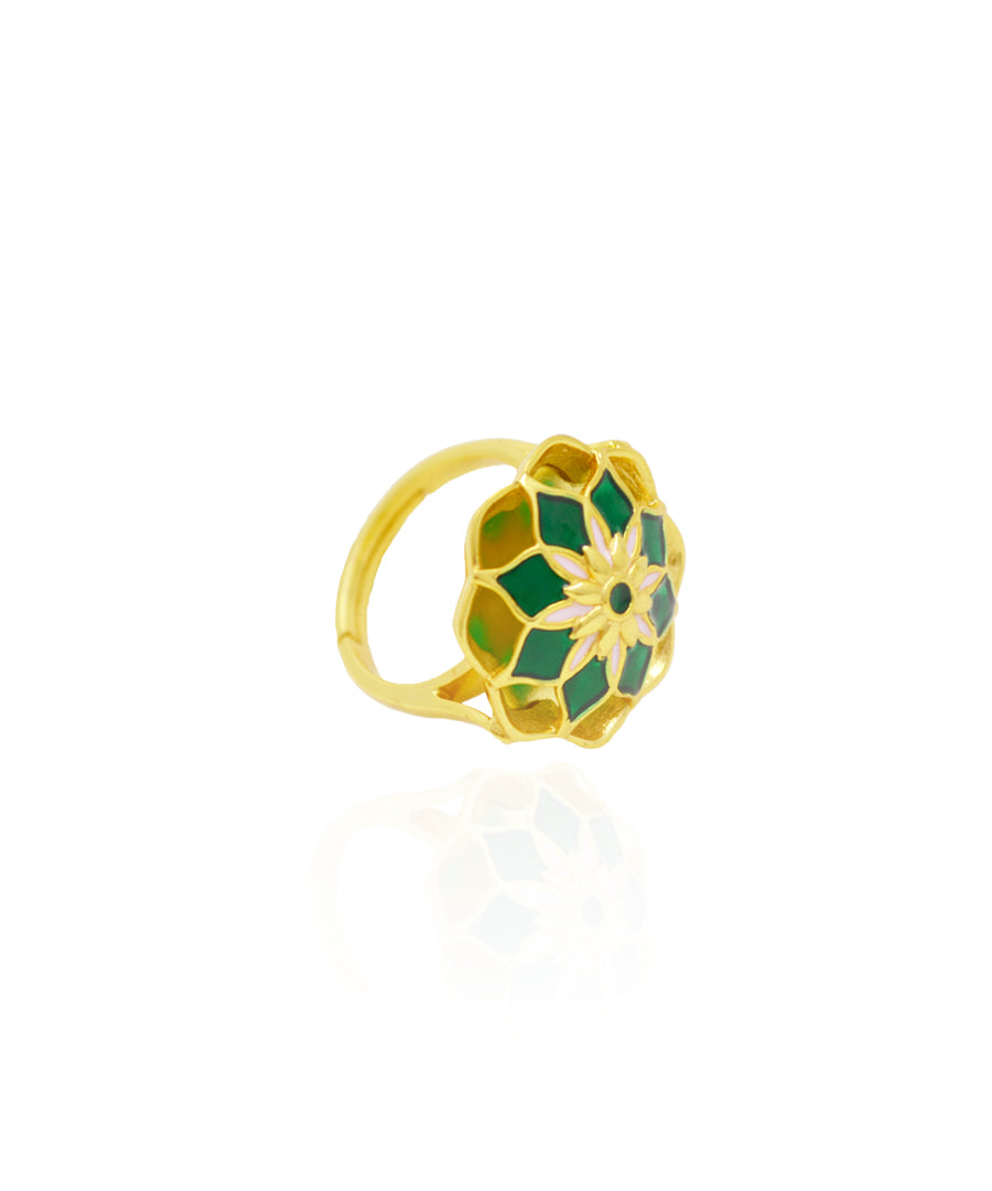 Gul Silver Green Askim Ring – Meenakari Cocktail Ring In Gold Finish