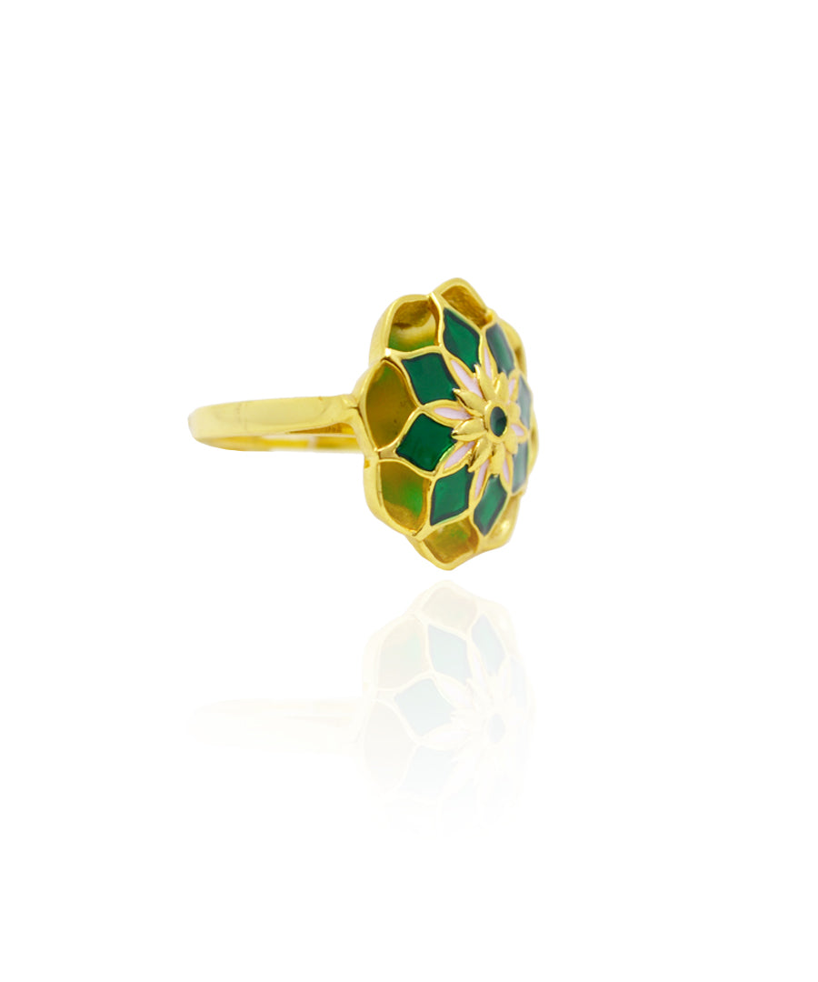 Gul Silver Green Askim Ring – Meenakari Cocktail Ring In Gold Finish