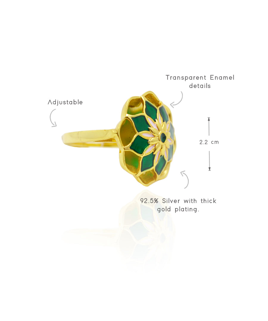Gul Silver Green Askim Ring – Meenakari Cocktail Ring In Gold Finish