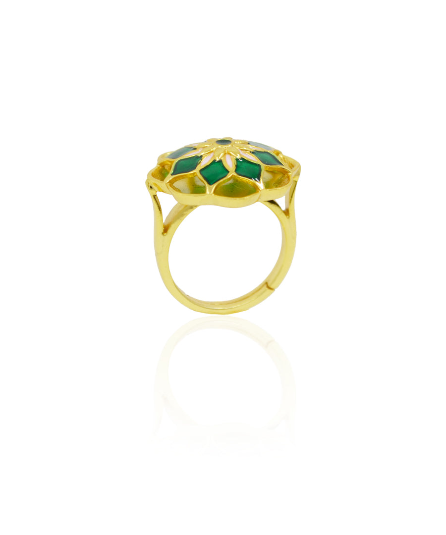 Gul Silver Green Askim Ring – Meenakari Cocktail Ring In Gold Finish