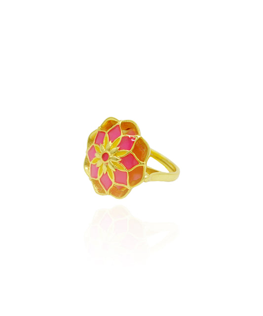 Gul Silver Pink Azizi Ring – Meenakari Cocktail Ring In Gold Finish