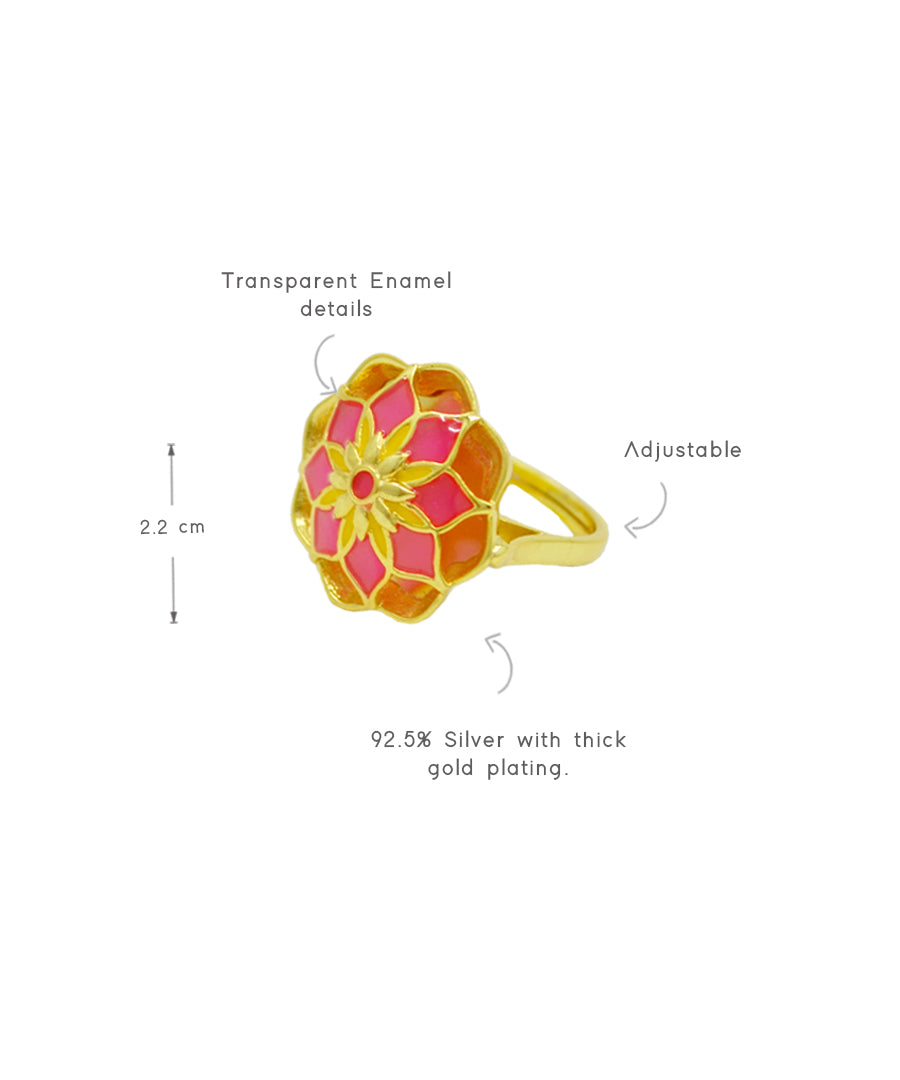 Gul Silver Pink Askim Ring – Meenakari Cocktail Ring In Gold Finish