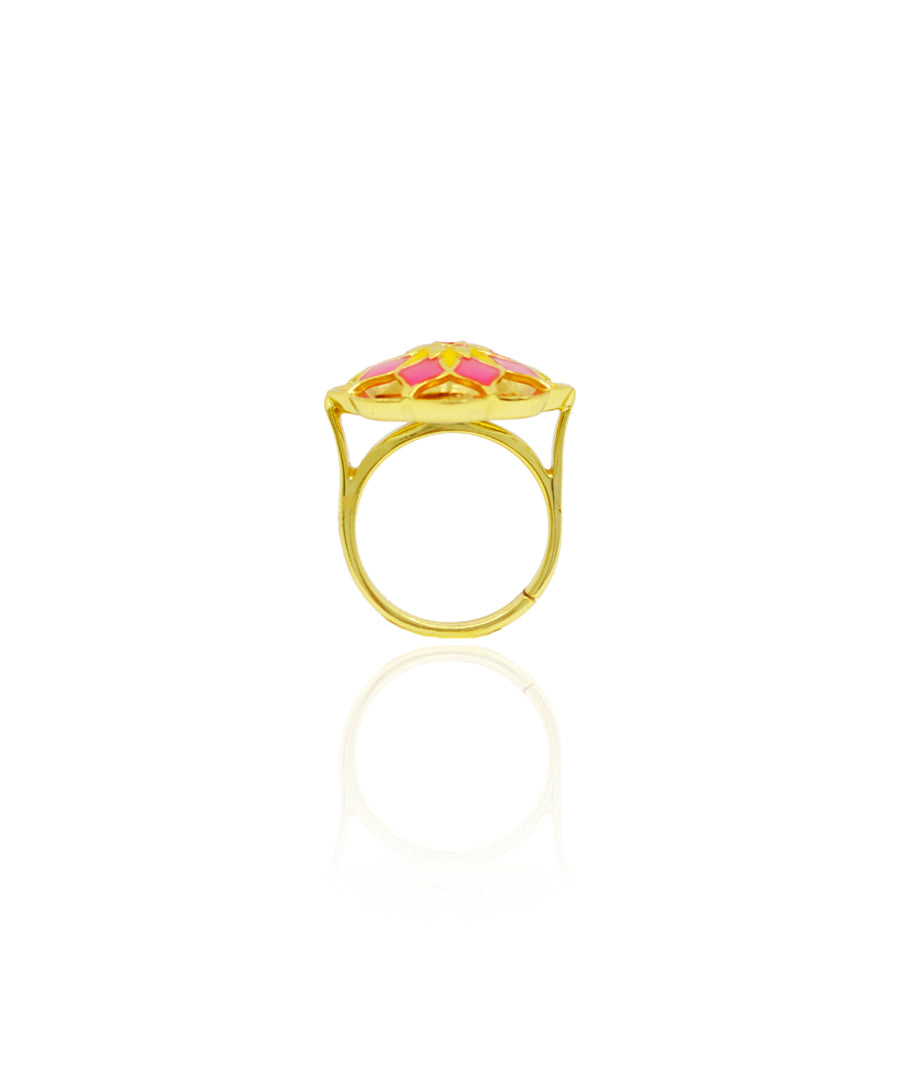 Gul Silver Pink Askim Ring – Meenakari Cocktail Ring In Gold Finish