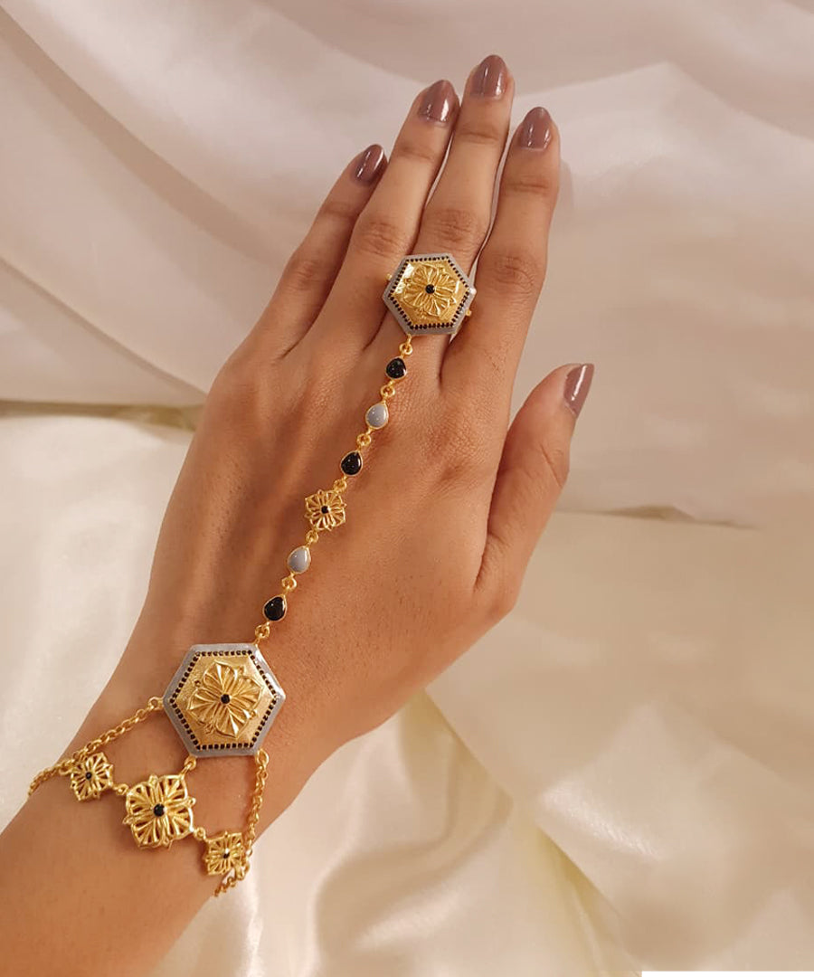 Magnolia - Haathphool Bracelet - Boho Statement Jewellery - Gold Plated - Floral Jewellery