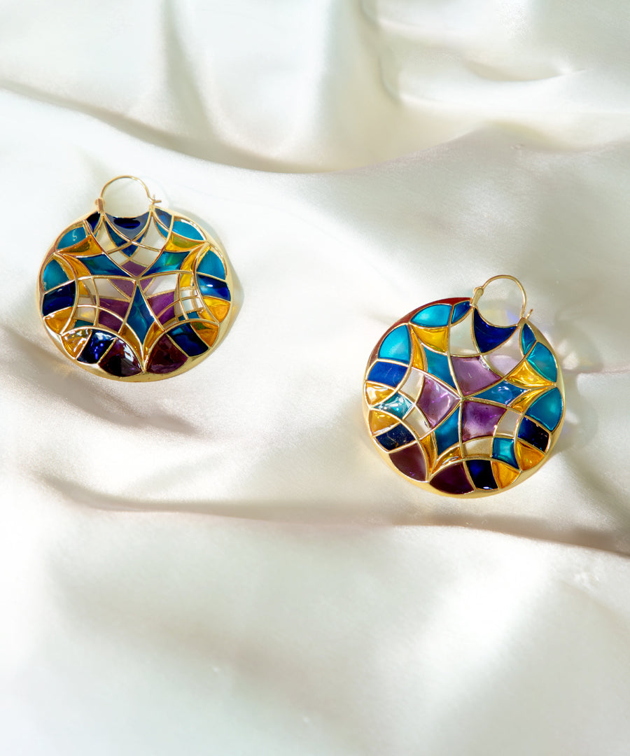 Aqua Blue Kaleidoscope Polychrome Hoop Earrings In Gold Finish