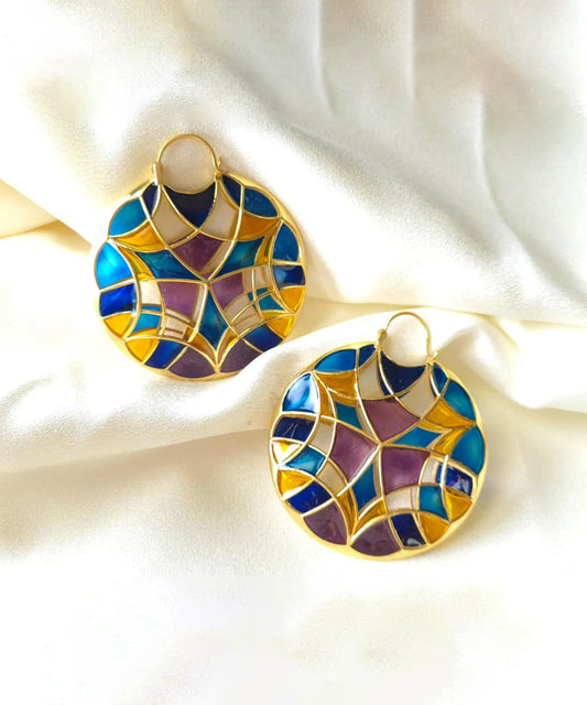 Aqua Blue Kaleidoscope Polychrome Hoop Earrings In Gold Finish