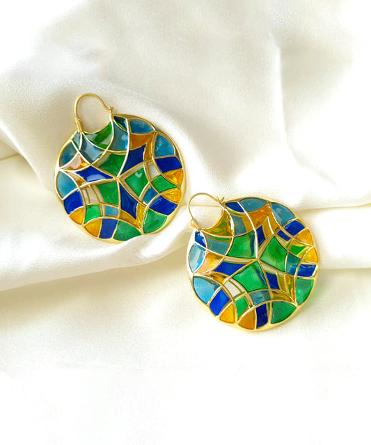 Rama Green Kaleidoscope Polychrome Hoop Earrings In Gold Finish