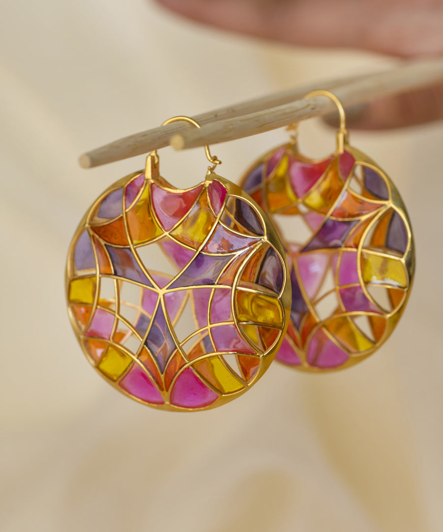 Rust Pink Kaleidoscope Polychrome Hoop Earrings In Gold Finish