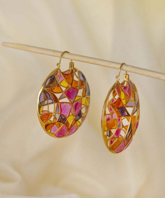 Rust Pink Kaleidoscope Polychrome Hoop Earrings In Gold Finish