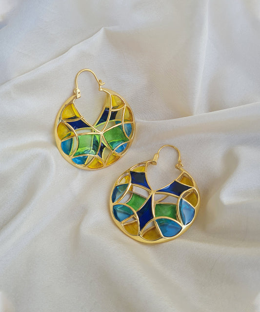 Rama Green Kaleidoscope Varichrome Hoop Earrings In Gold Finish