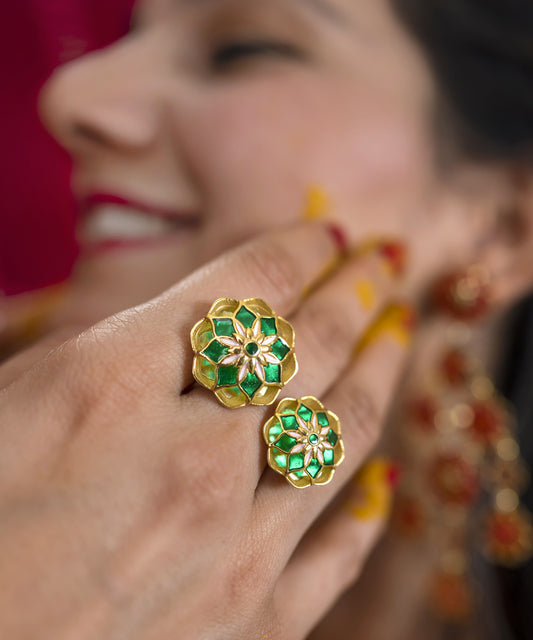 Gul Golden Green Askim Ring – Meenakari Cocktail Adjustable Ring