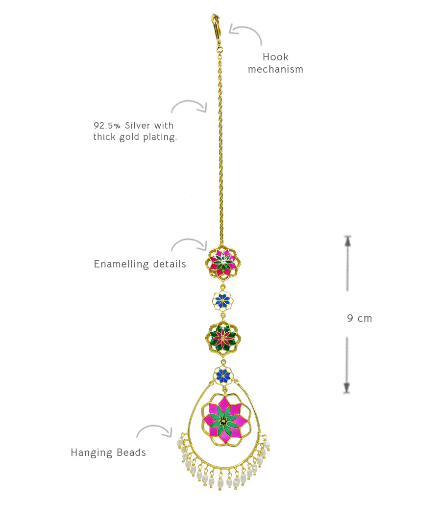 Gul Roja Mang Tika - Hot Pink and Emerald Green - Meenakari Enamel with Pearls - Head Jewelry