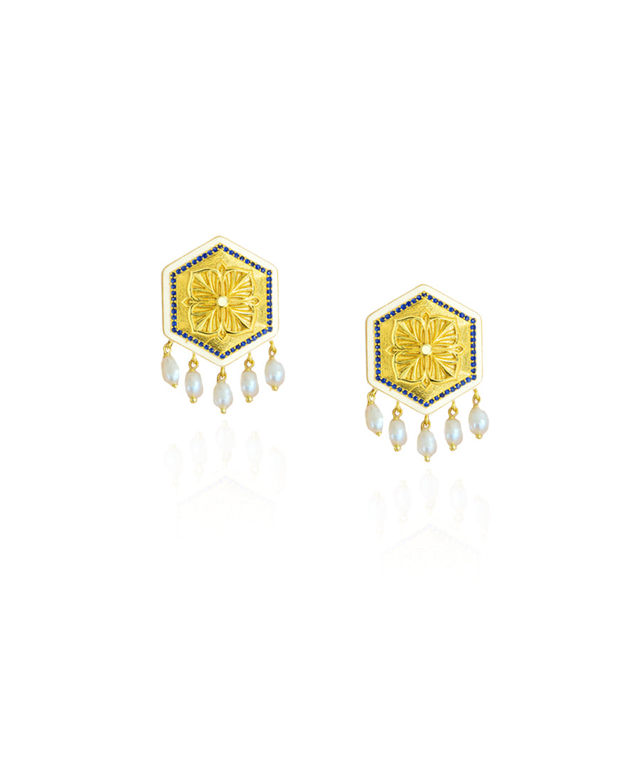 Golden Blue Zircon Magnolia Bead Stud Earrings
