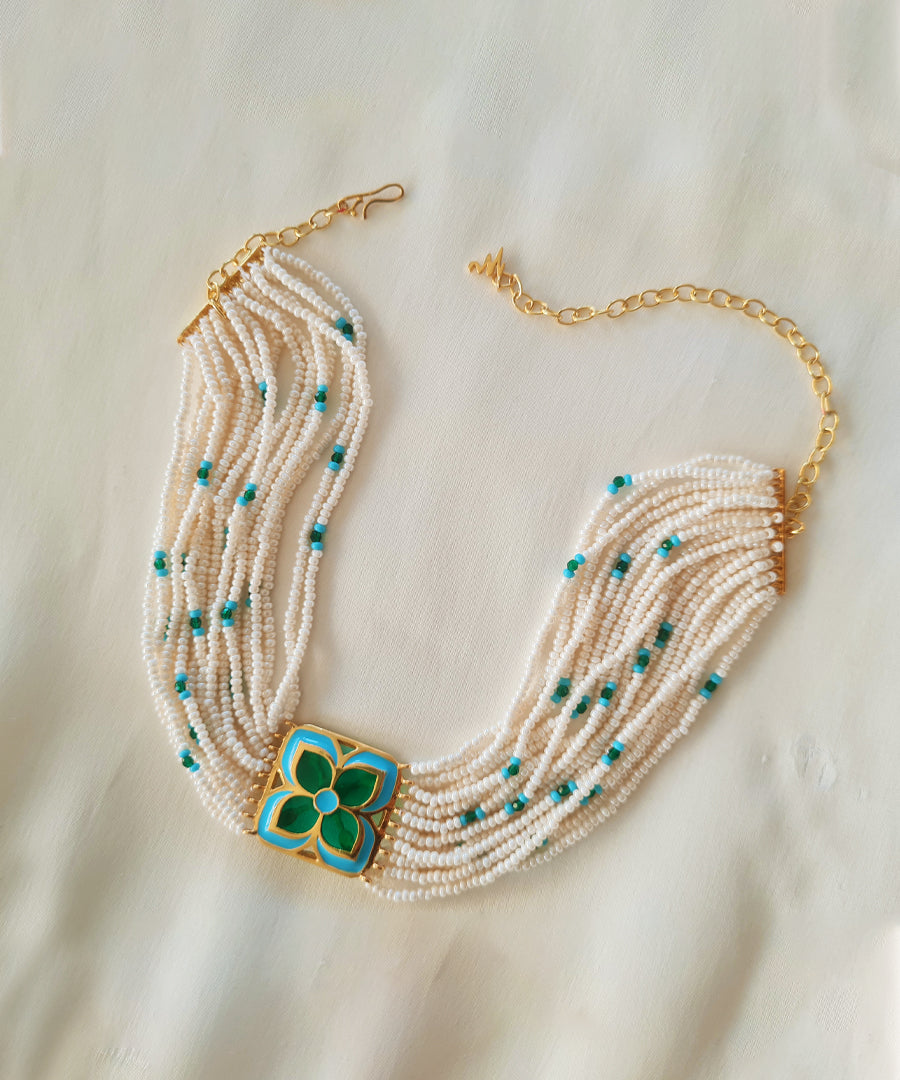 Blue Green Chameli choker necklace. Silver gold plated with enamel work choker from AKS collection by Manner India.