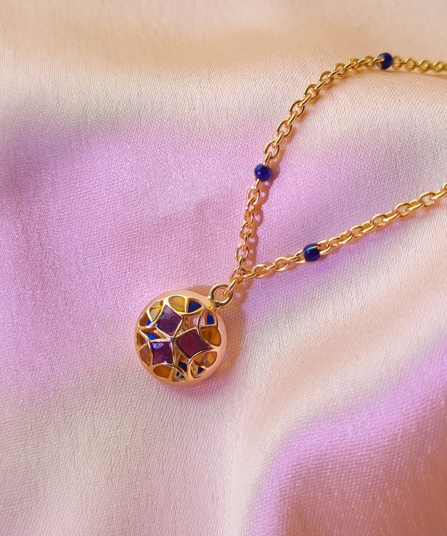 Aqua Blue Kaleidoscope Chaos Charm Neckchain in Gold Finish