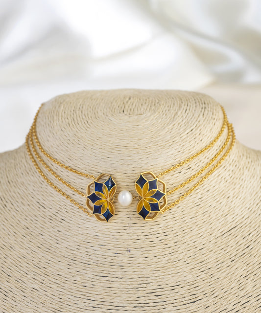 Gul Choker Necklace with Pearl- Blue and Yellow Enamel - Adjustable Chain