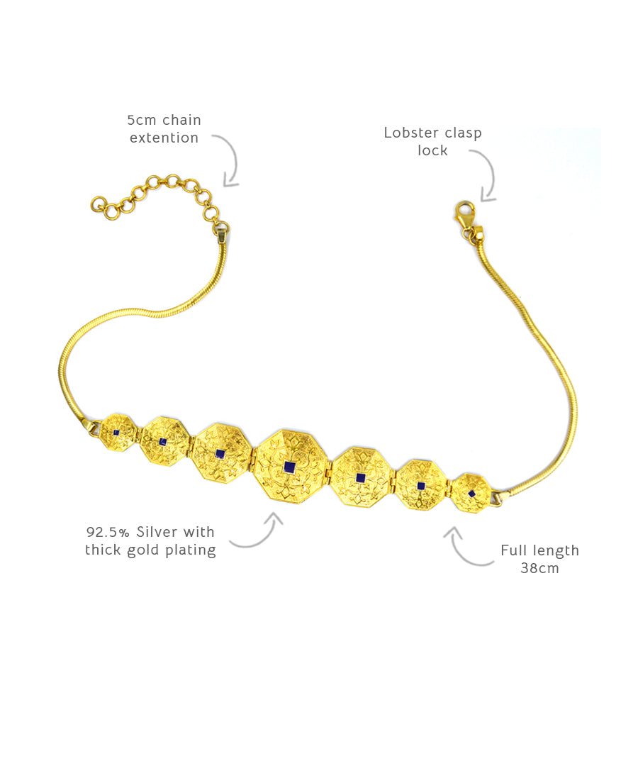 Detail specification of gold choker necklace by manner india.