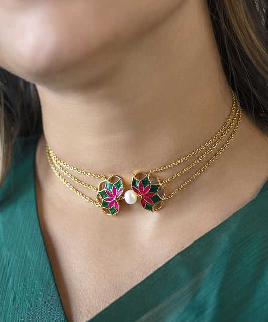 Gul Choker Necklace with Pearl- Emerald Green and Pink Enamel - Adjustable Chain