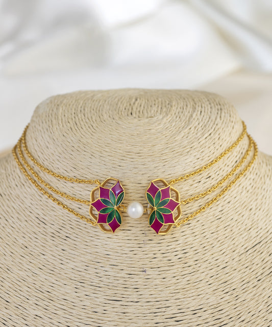 Gul Choker Necklace with Pearl- Rani Pink and Green Enamel - Adjustable Chain