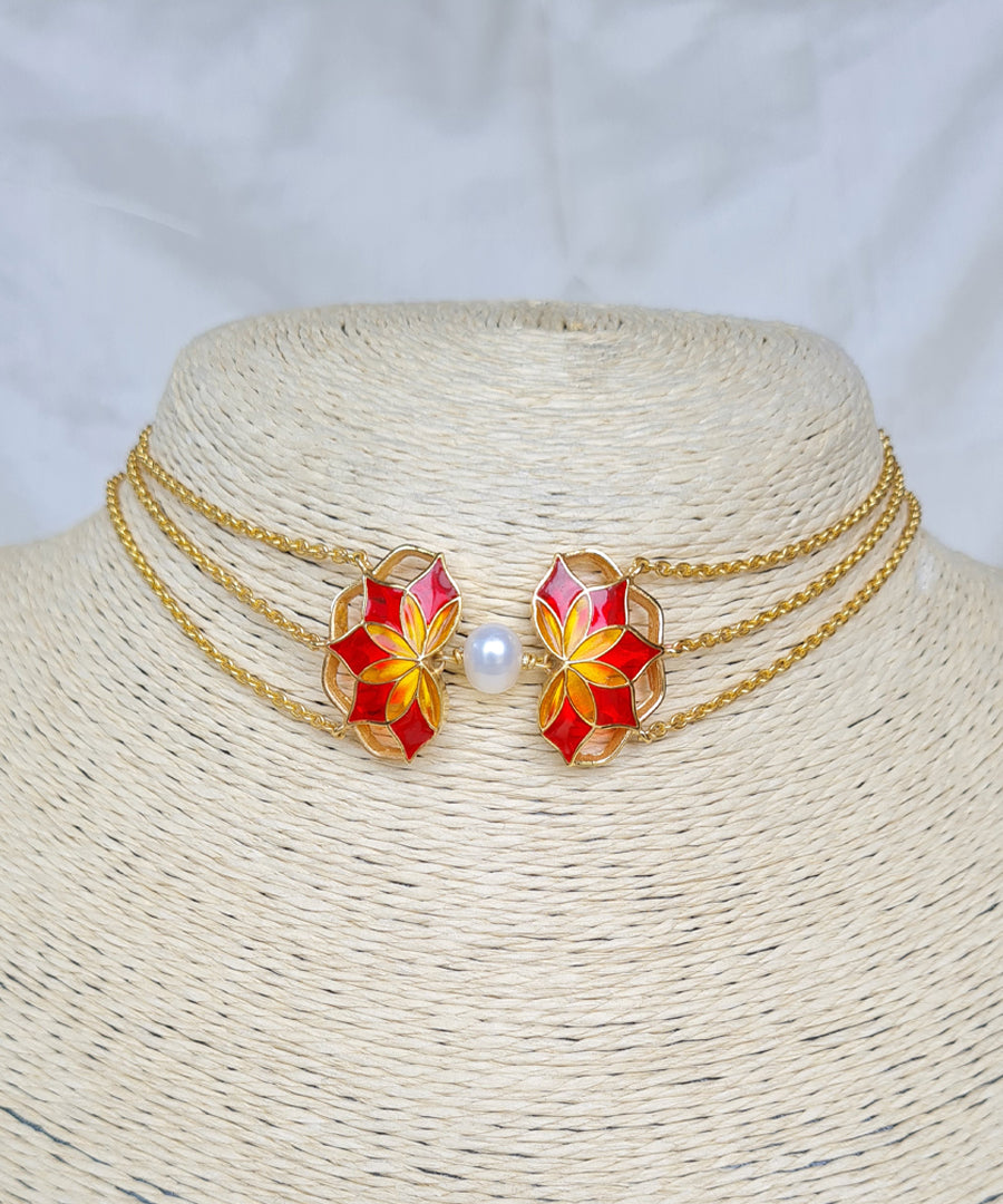 Red Yellow nuwwar choker necklace with enamel work Silver gold plated handmade choker necklace from GUL collection by Manner India.