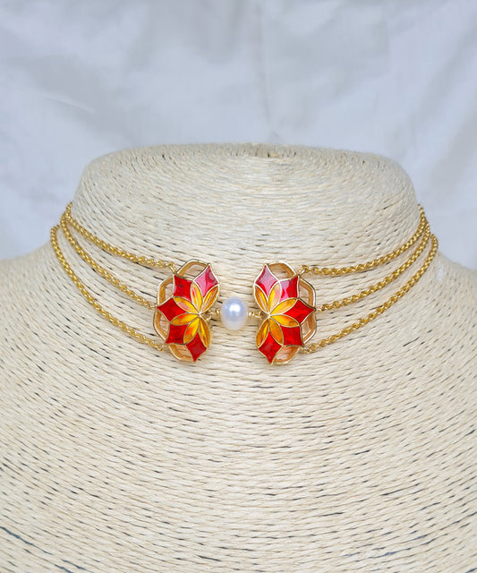 Red Yellow nuwwar choker necklace with enamel work Silver gold plated handmade choker necklace from GUL collection by Manner India.