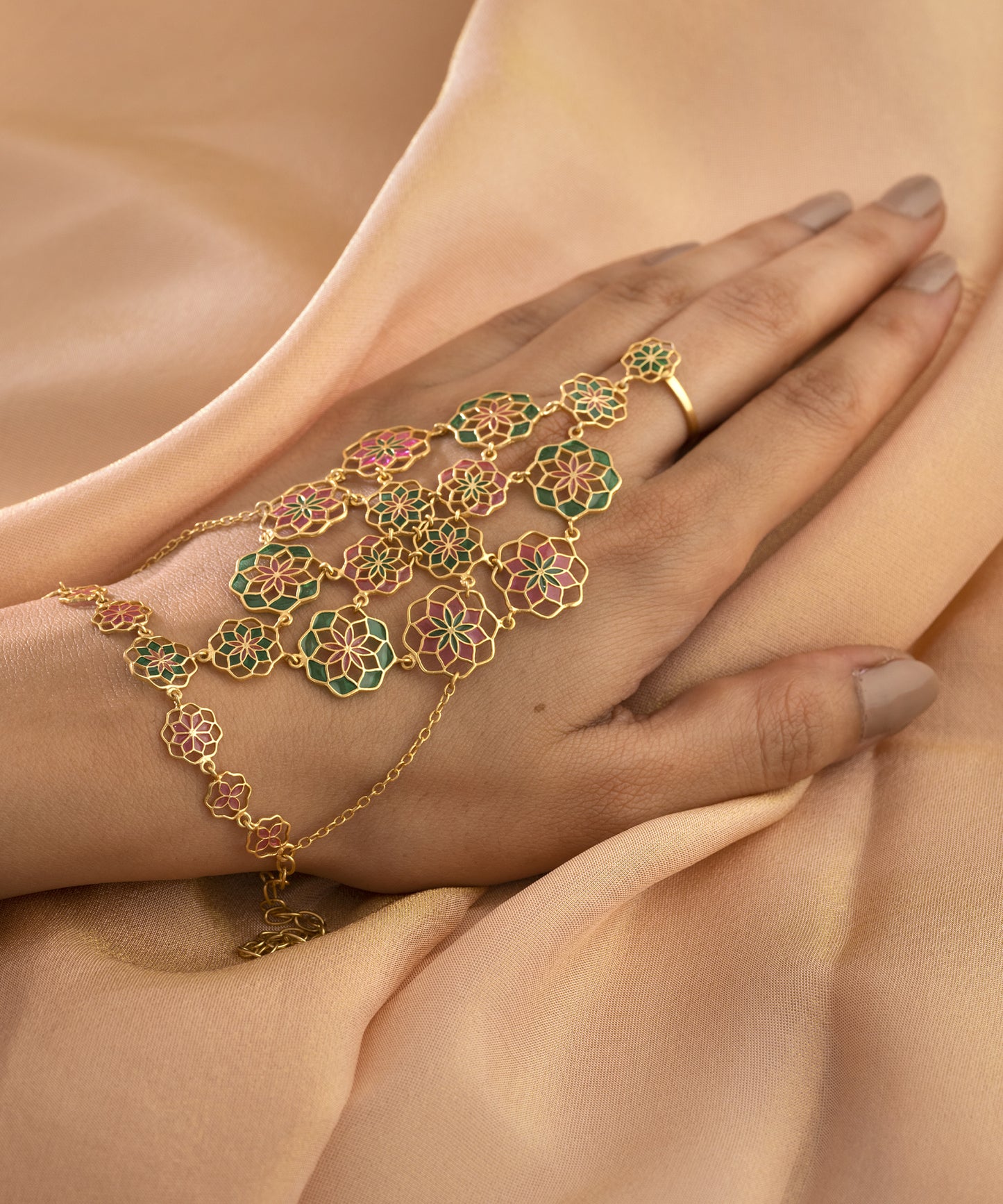 Adjustable enamelled 925 silver hathphool gold plated bracelet for wedding and festivals.