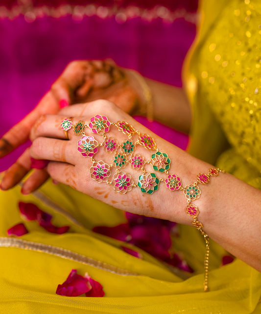 Gul Zuhuur Hathphool Bracelet –  Rani Pink Meenakari Enamel - Flower Hand Jewelry
