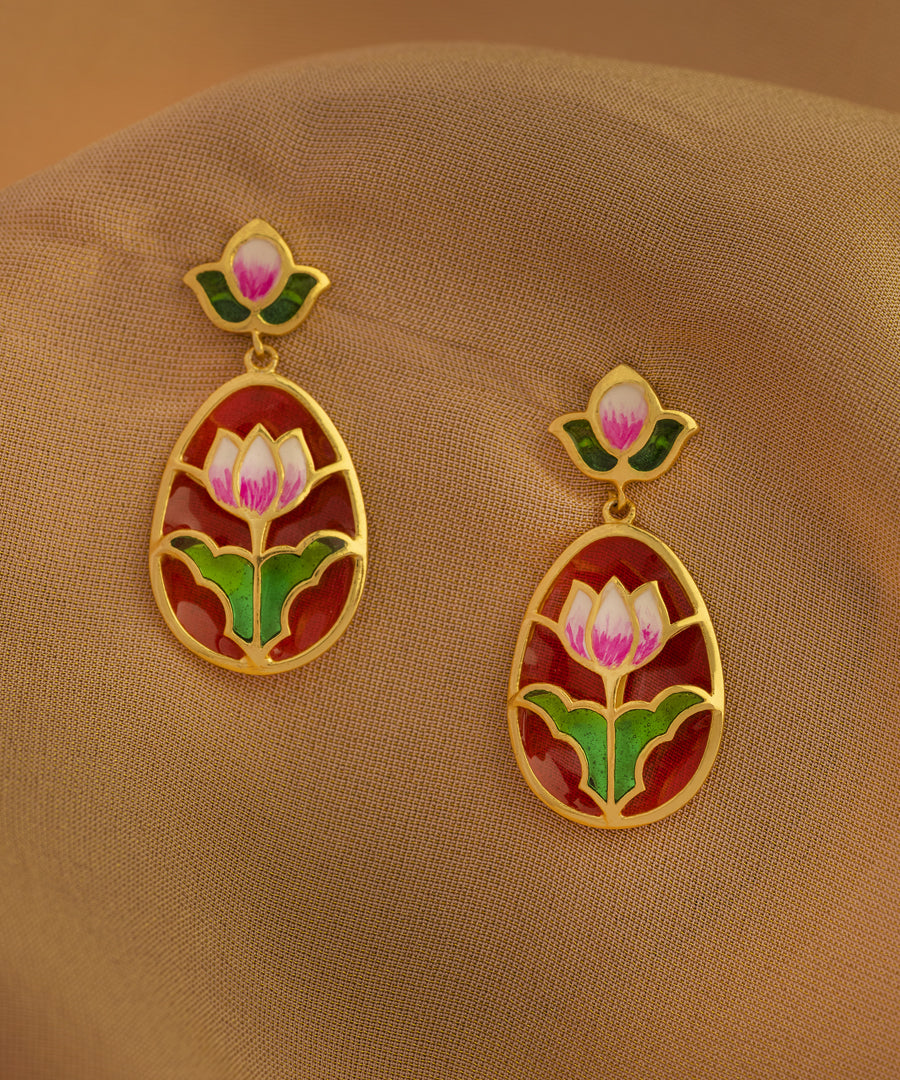 Red green lotus earrings. 92.5% silver gold plated earrings from AKS Jalaj collection by Manner India.