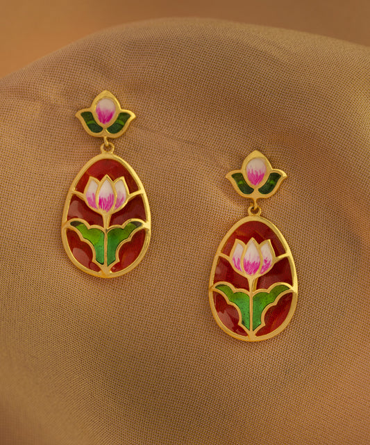 Red green lotus earrings. 92.5% silver gold plated earrings from AKS Jalaj collection by Manner India.