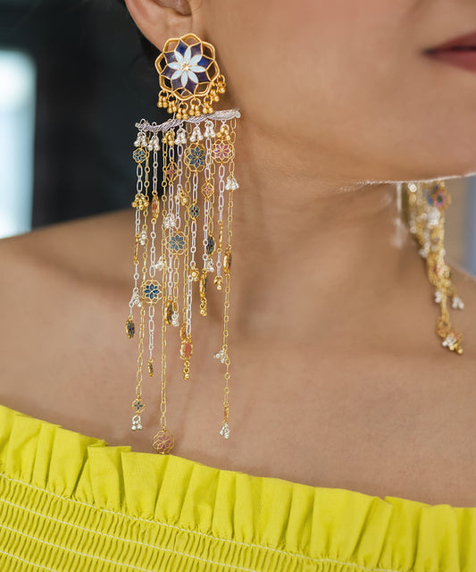 Gul Dangling Chain Earrings with detachable Stud - Two tone Statement Jewelry