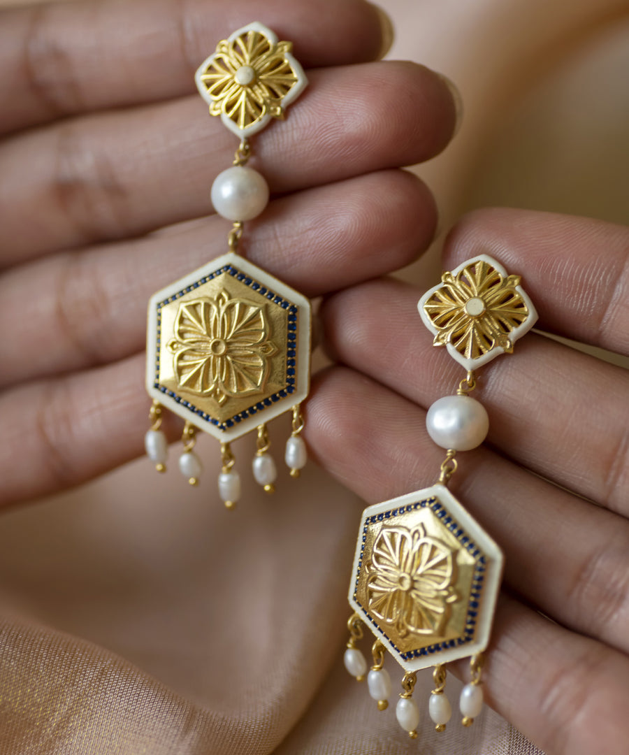 Golden Blue Zircon Magnolia Earrings