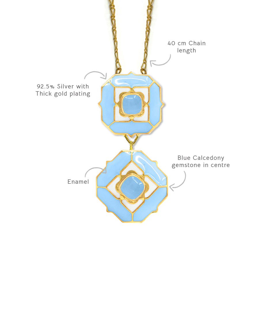 Enamel work elegant chain necklace with studded gemstone and gold plating.