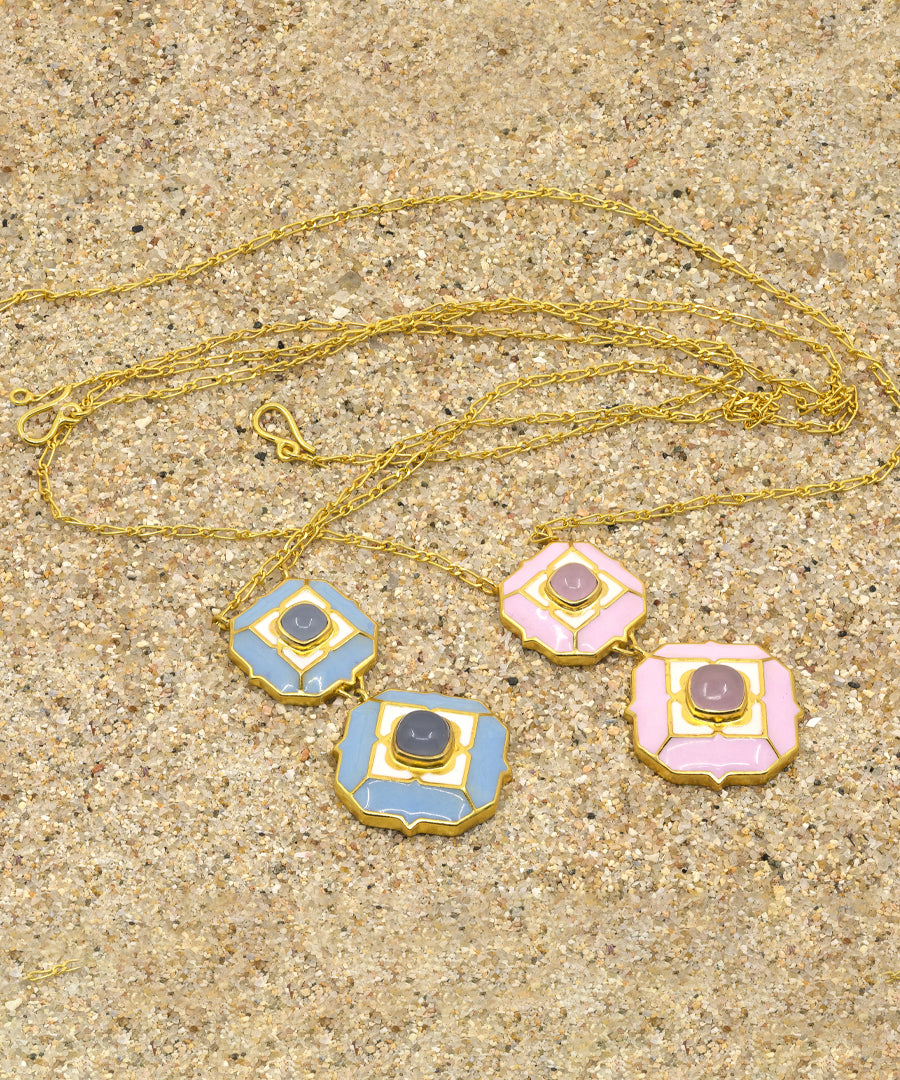 Blue calcedony and rosequarts gemstone long necklace design for women.