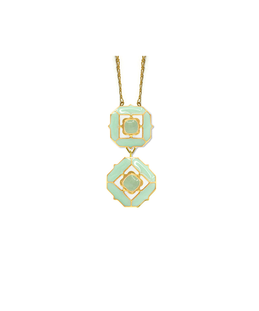 Green enameled long chain necklace by manner india.