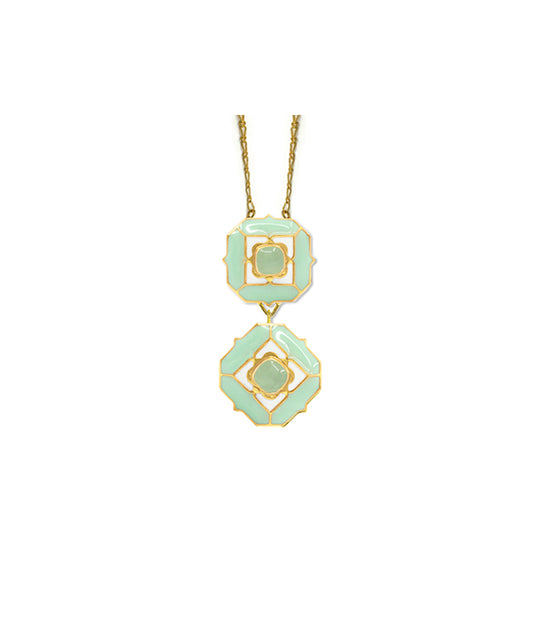 Green enameled long chain necklace by manner india.