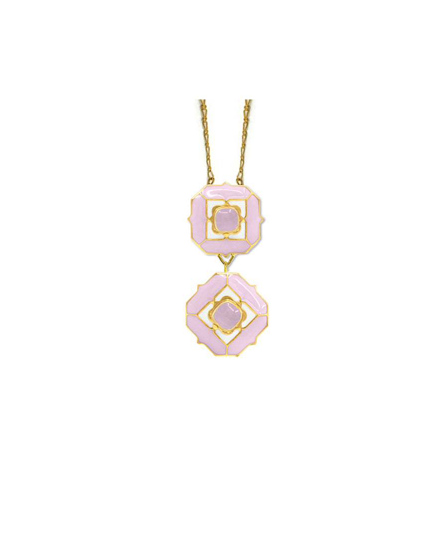 Rosequarts gemstone long necklace with enamel work.
