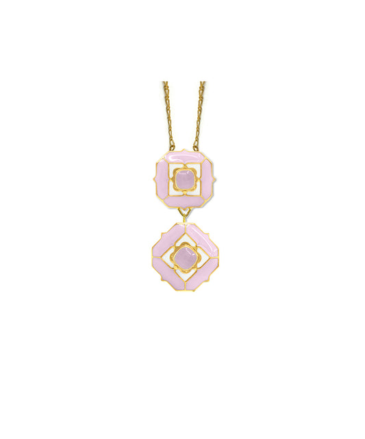 Rosequarts gemstone long necklace with enamel work.