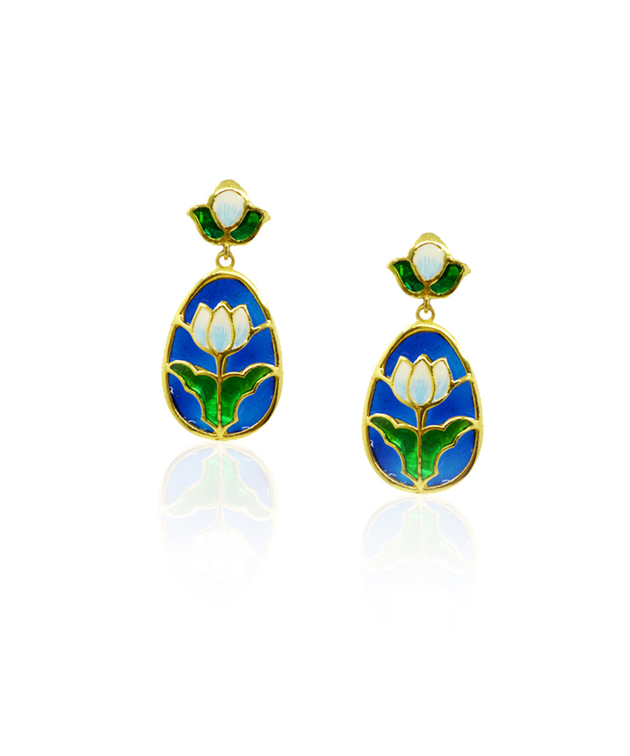 Aks Lotus Handmade Drop Earrings- Blue and Green Meenakari Flower Jewellery