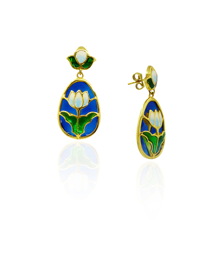 Aks Lotus Handmade Drop Earrings- Blue and Green Meenakari Flower Jewellery