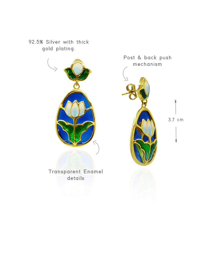 Aks Lotus Handmade Drop Earrings- Blue and Green Meenakari Flower Jewellery