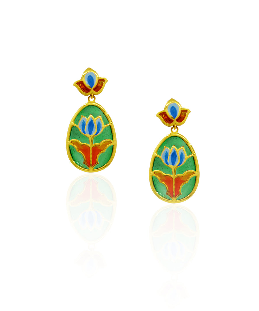 Aks Lotus Handmade Drop Earrings-Green and Orange Meenakari Flower Jewellery